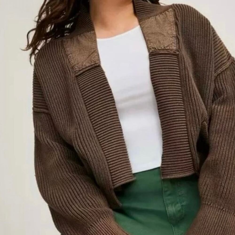 Torrid Festi 3X Chocolate Brown Cropped Open Front Elbow Patch Cardigan Cotton